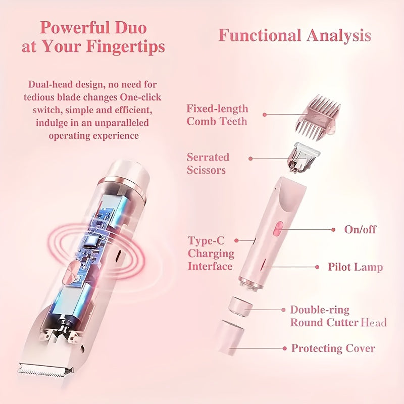 2in 1 Electric Shaver, Dual-Head Hair Removal, Women Bikini Trimmer, Designed for Full Body Hair Removal, USB Charging, Convenient to Carry, Gentle Touch, Electric Hair Trimmer and Razors for Bikini, Armpit, Leg and Body Hair Removal, IPX7